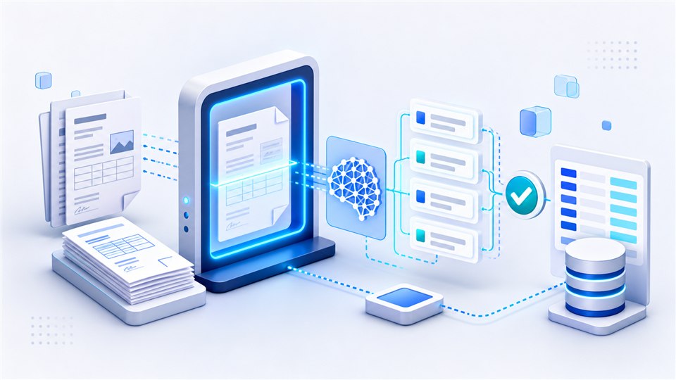 Infographic showing scanned documents moving through OCR and AI extraction into structured data