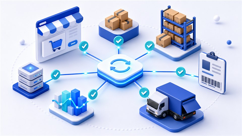 Infographic showing e-commerce orders, inventory, warehouse boxes, and shipping connected through automation