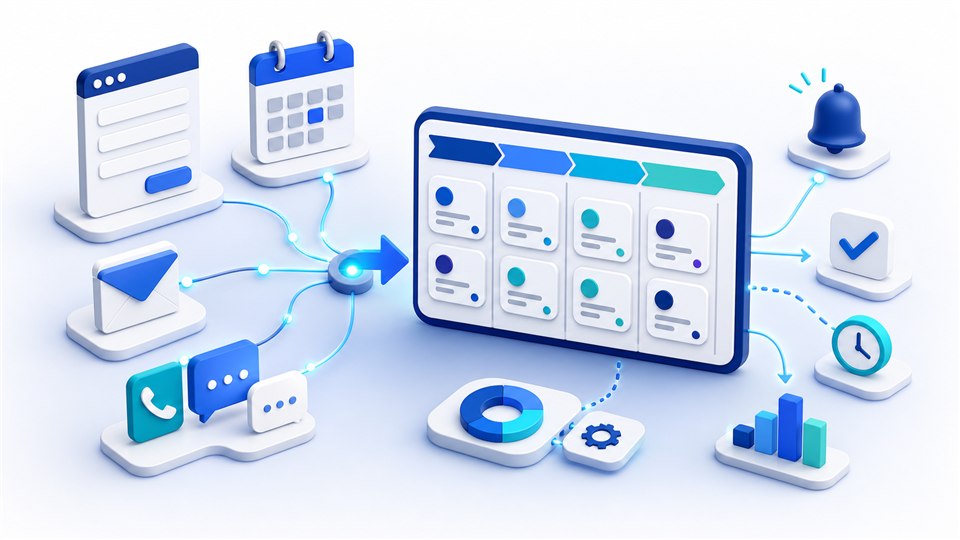 Infographic showing inquiry forms, calendar booking, email, phone, and lead cards flowing into a CRM pipeline