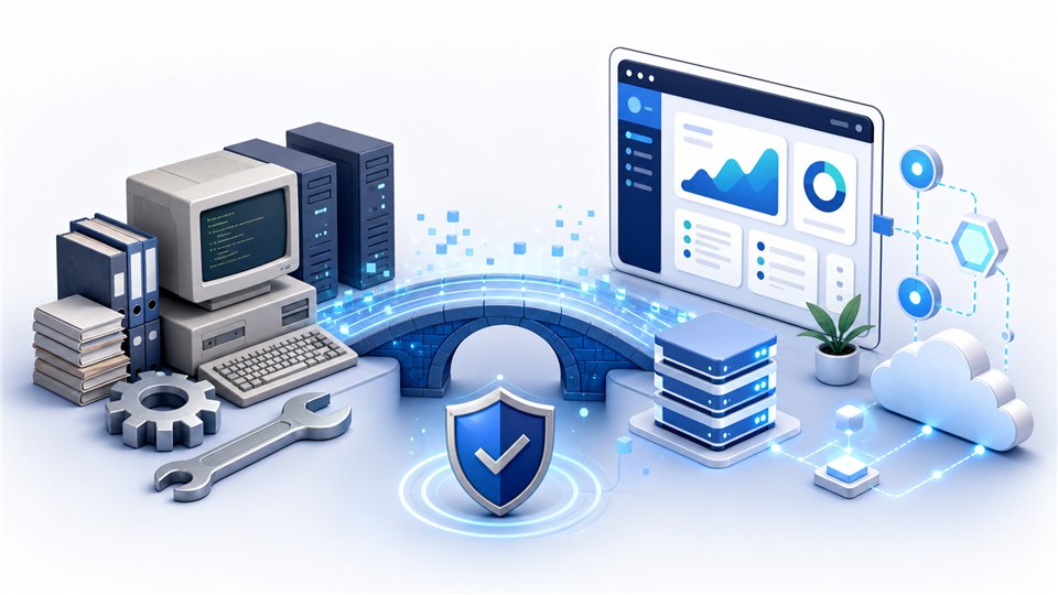 Infographic showing a legacy computer system connected to a modern web dashboard through a secure bridge
