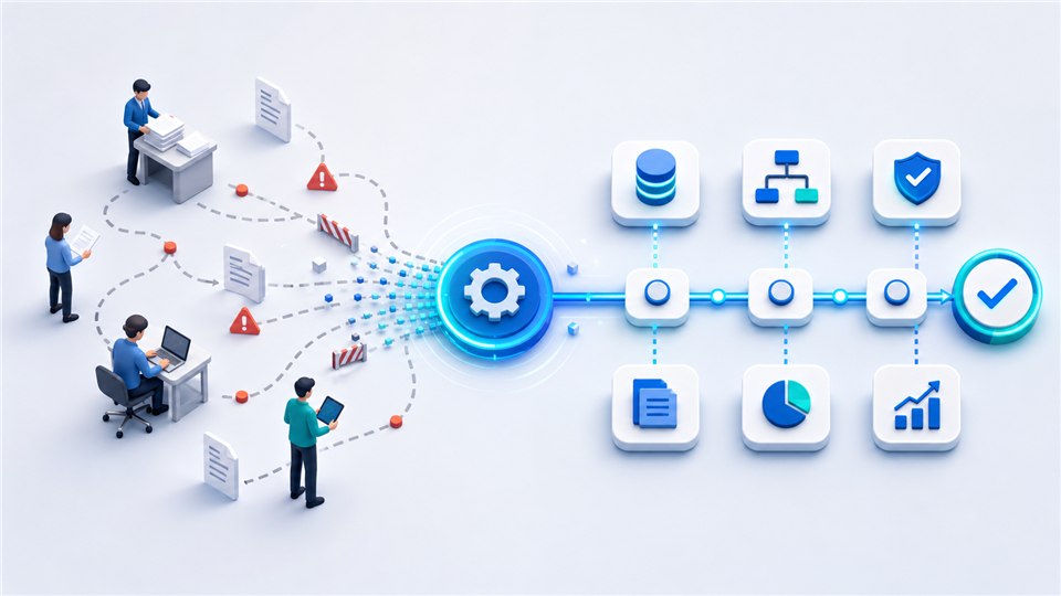 Infographic showing manual workflow bottlenecks becoming an automated operations pipeline