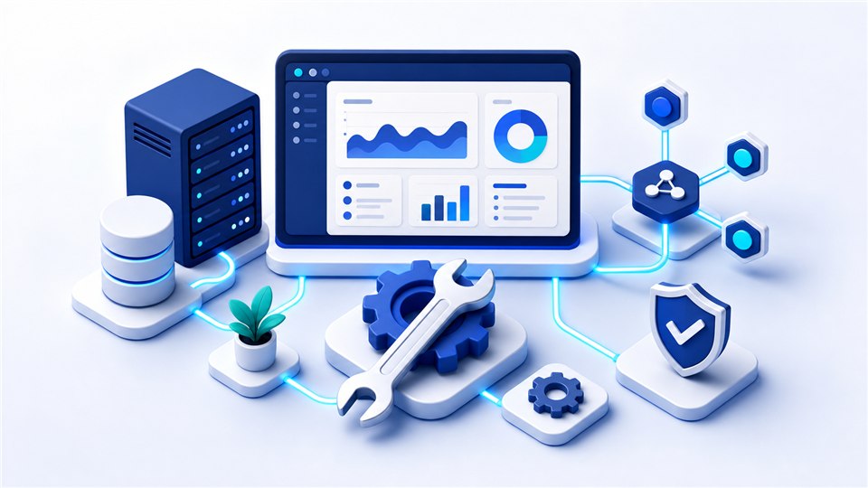 Infographic showing web dashboards, APIs, servers, and maintenance tools connected in a stable system