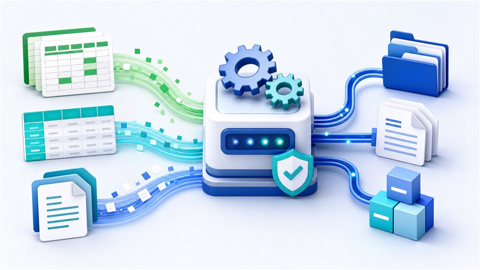 Infographic showing spreadsheets, CSV data, and documents flowing into an automated processing system